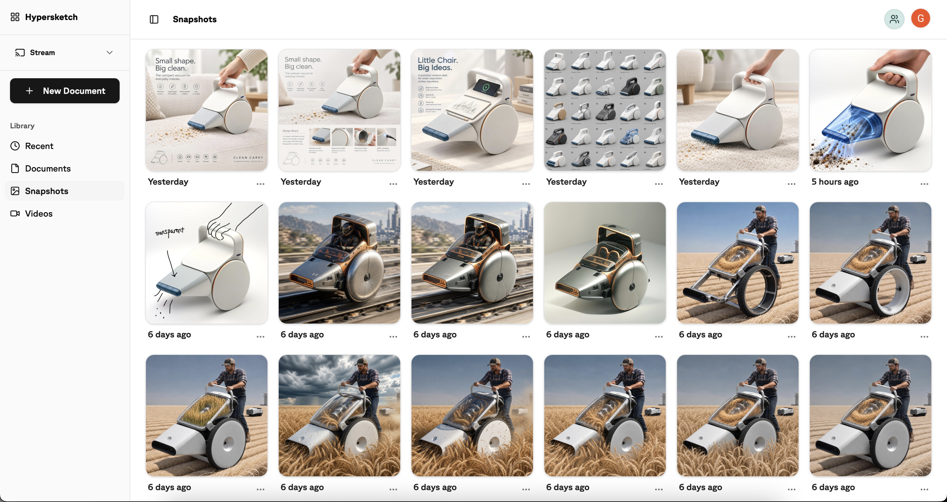 Snapshots library showing many saved design iterations