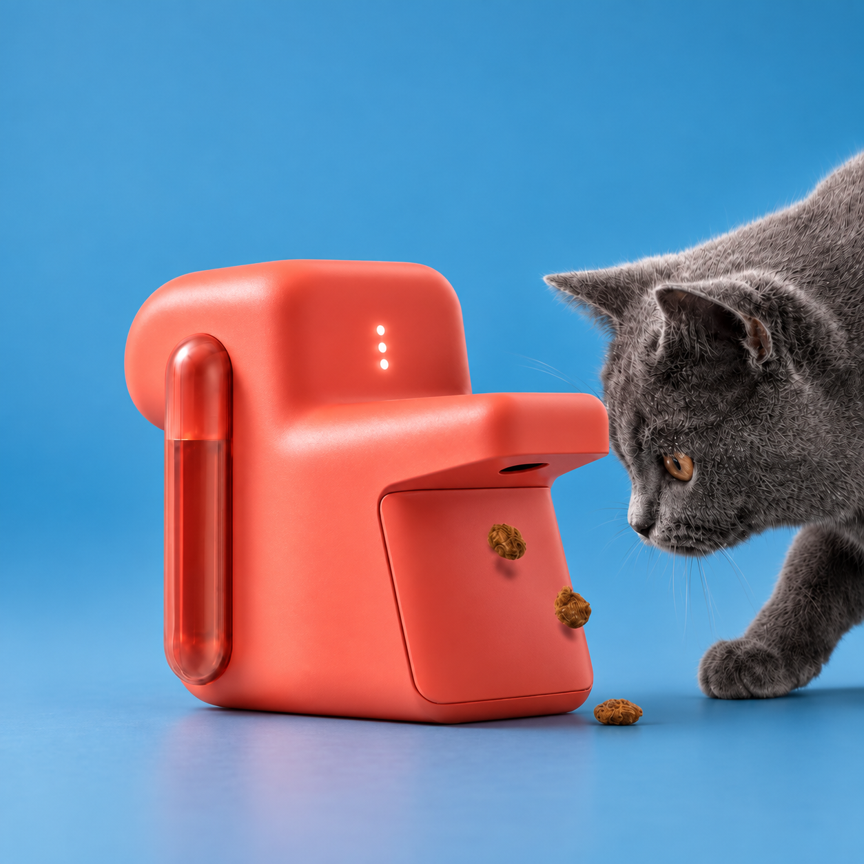 Rendered red pet feeder with a cat